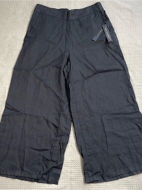 New Tahari 100% Linen Pants Medium Women’s Wide Leg Crop Black Lagenlook